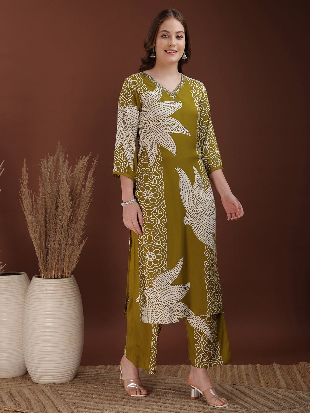 Hand Embroidered With Floral & Leaf Printed Kurta And Palazzo, Olive - Hiral Fashion - Distacart