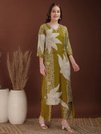 Hand Embroidered With Floral & Leaf Printed Kurta And Palazzo, Olive - Hiral Fashion - Distacart