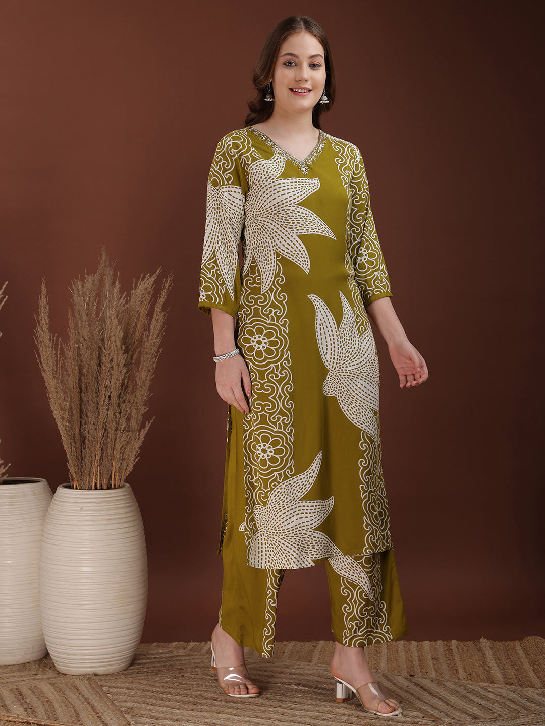 Hand Embroidered With Floral & Leaf Printed Kurta And Palazzo, Olive - Hiral Fashion - Distacart