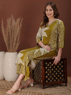 Hand Embroidered With Floral & Leaf Printed Kurta And Palazzo, Olive - Hiral Fashion - Distacart