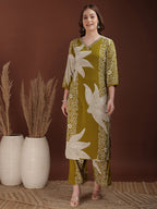 Hand Embroidered With Floral & Leaf Printed Kurta And Palazzo, Olive - Hiral Fashion - Distacart