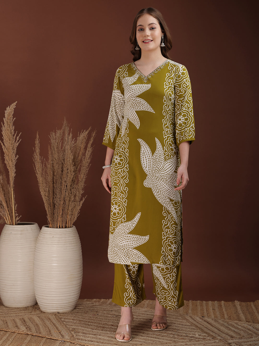Hand Embroidered With Floral & Leaf Printed Kurta And Palazzo, Olive - Hiral Fashion - Distacart