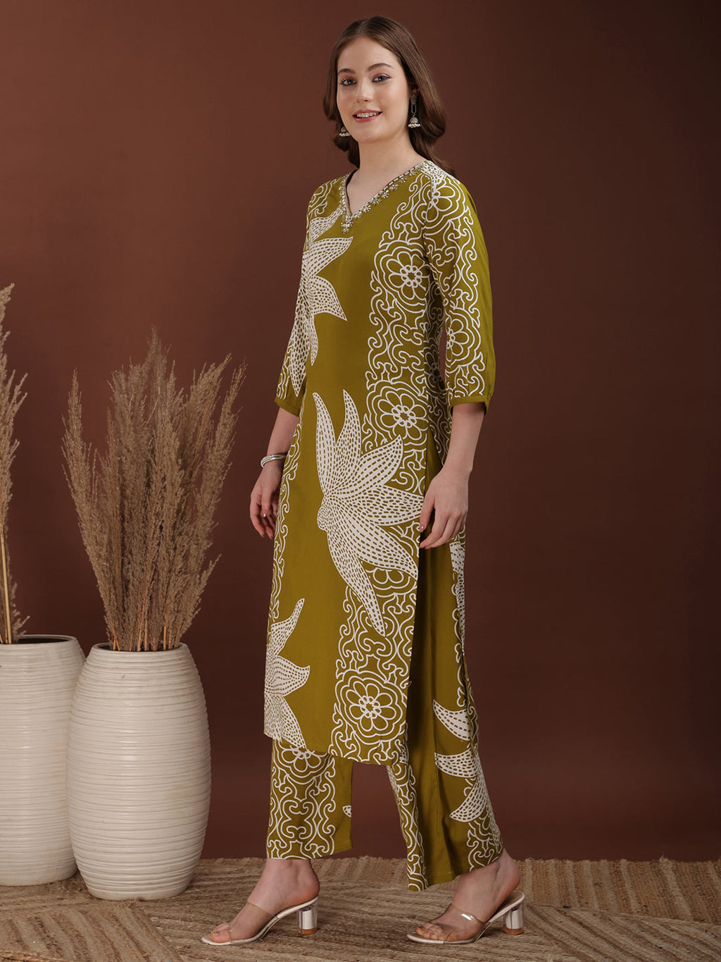Hand Embroidered With Floral & Leaf Printed Kurta And Palazzo, Olive - Hiral Fashion - Distacart