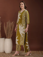 Hand Embroidered With Floral & Leaf Printed Kurta And Palazzo, Olive - Hiral Fashion - Distacart