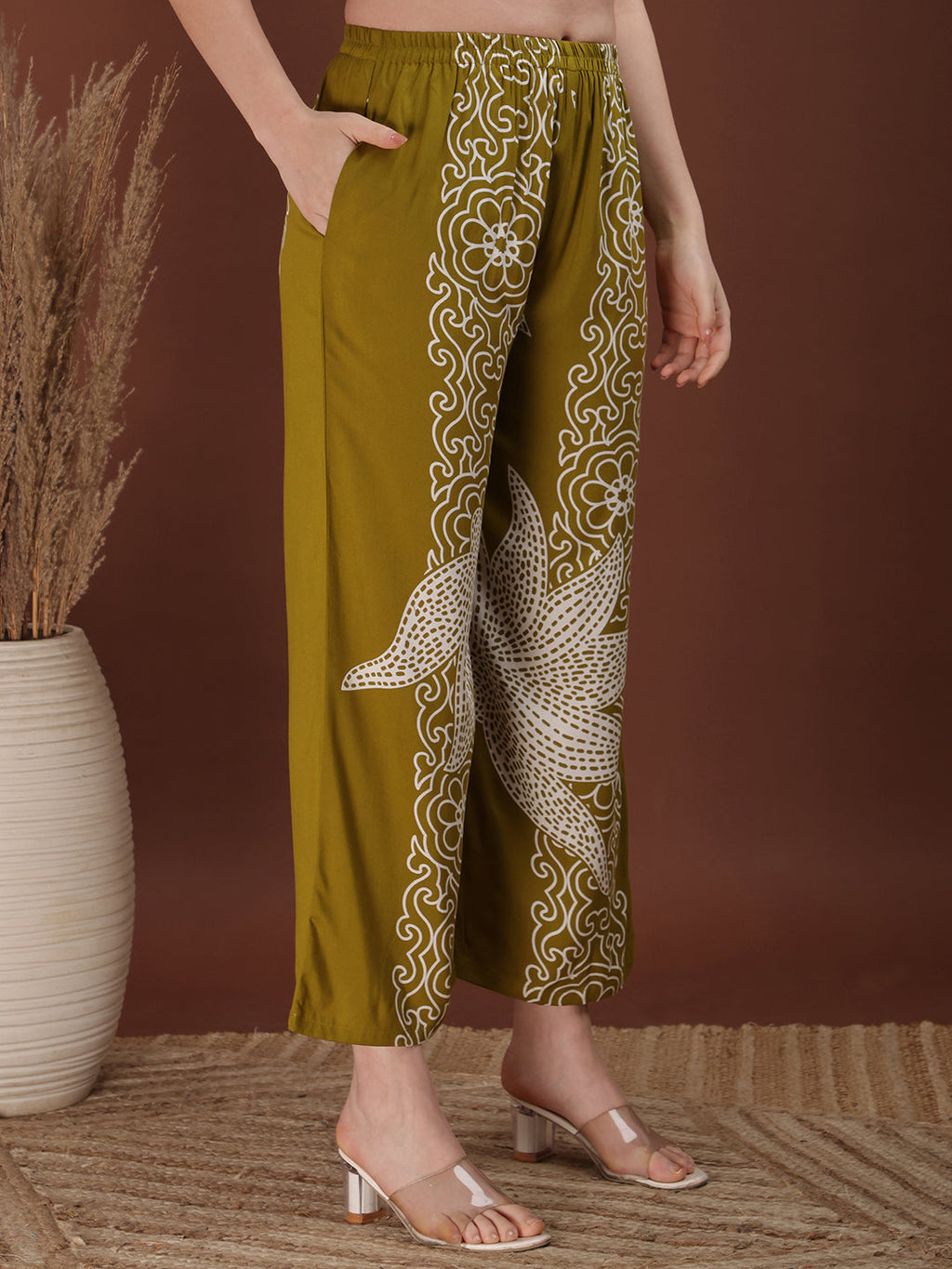 Hand Embroidered With Floral & Leaf Printed Kurta And Palazzo, Olive - Hiral Fashion - Distacart