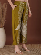 Hand Embroidered With Floral & Leaf Printed Kurta And Palazzo, Olive - Hiral Fashion - Distacart