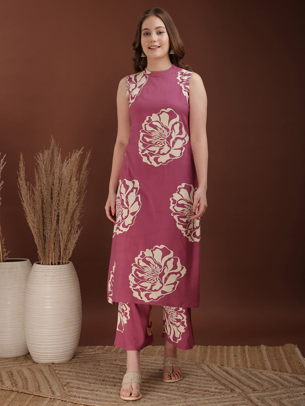 Floral Printed Highneck Co-Ords, Pink - Hiral Fashion - Distacart