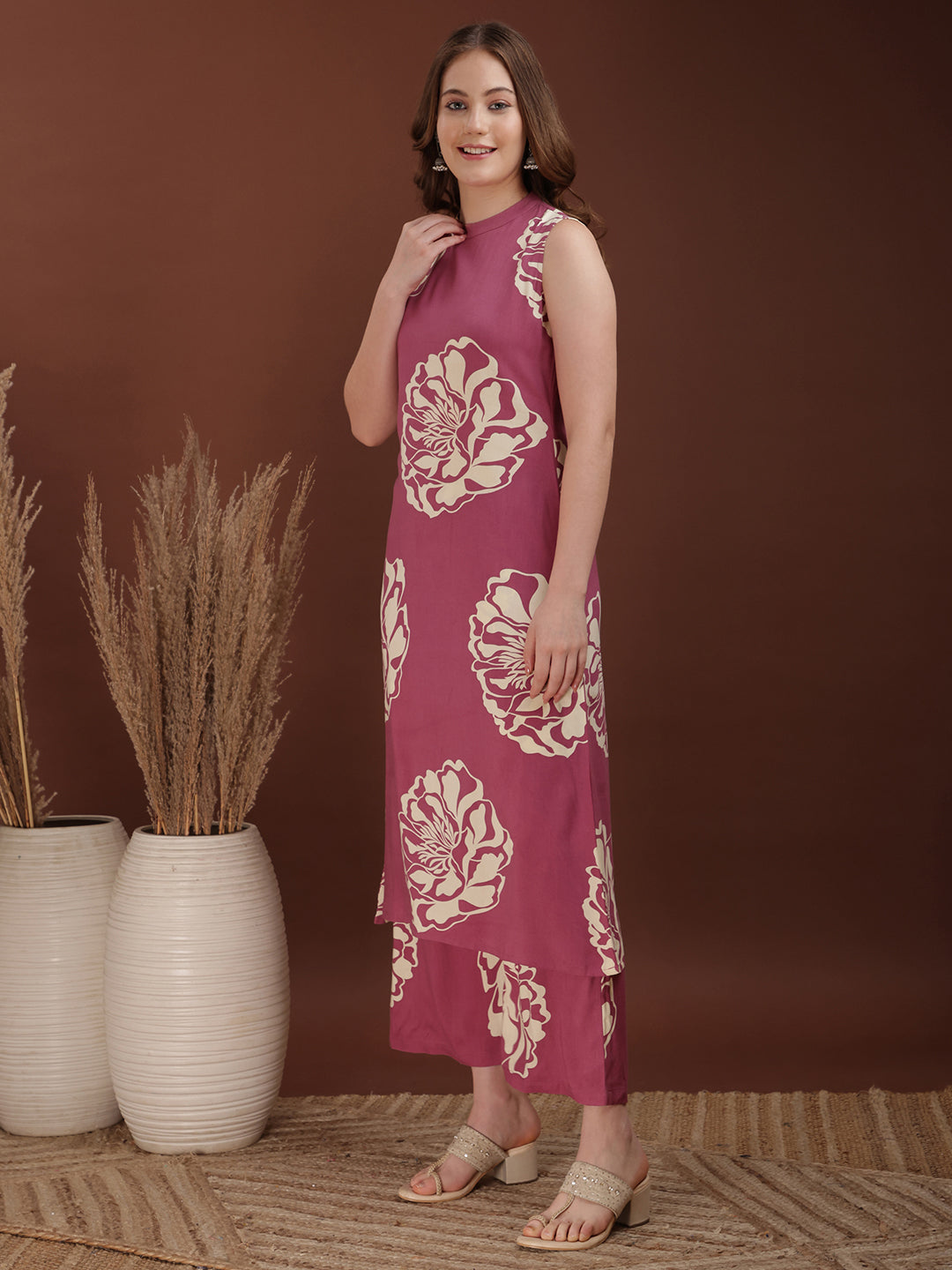 Floral Printed Highneck Co-Ords, Pink - Hiral Fashion - Distacart