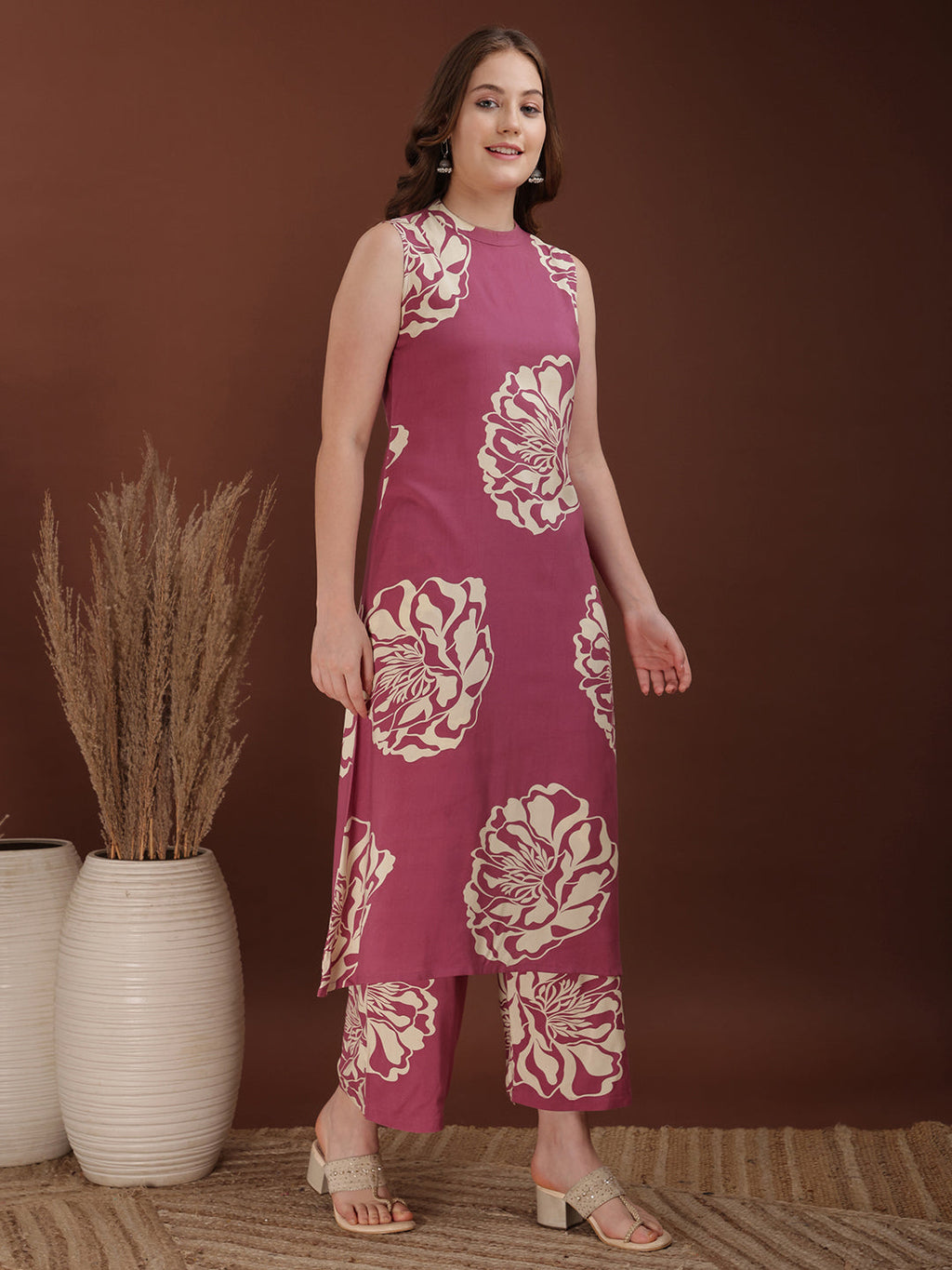 Floral Printed Highneck Co-Ords, Pink - Hiral Fashion - Distacart