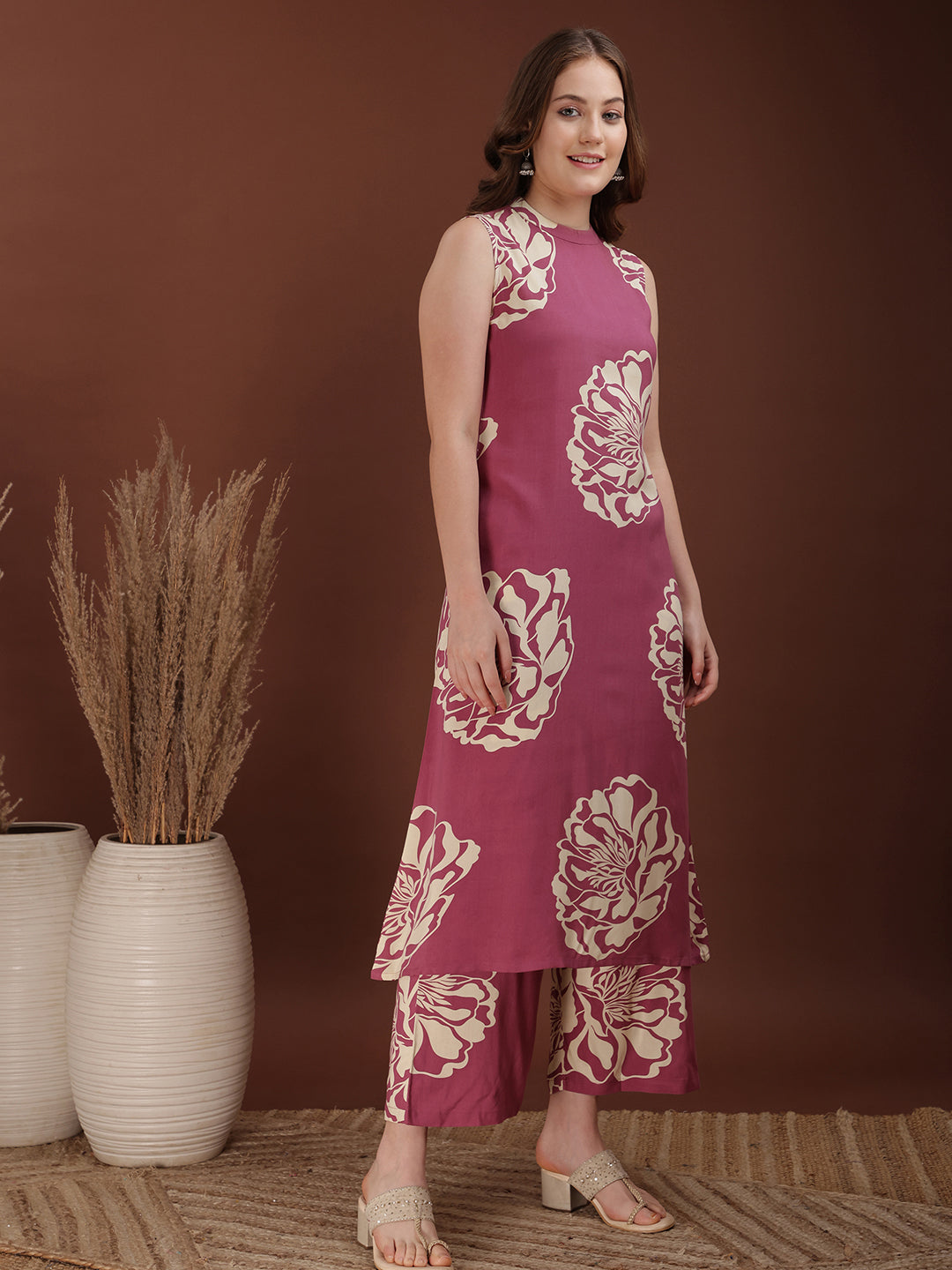 Floral Printed Highneck Co-Ords, Pink - Hiral Fashion - Distacart