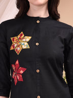 Placement Floral Front Buttoned Kurta With Pant, Black - Hiral Fashion - Distacart