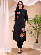 Placement Floral Front Buttoned Kurta With Pant, Black - Hiral Fashion - Distacart