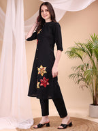 Placement Floral Front Buttoned Kurta With Pant, Black - Hiral Fashion - Distacart