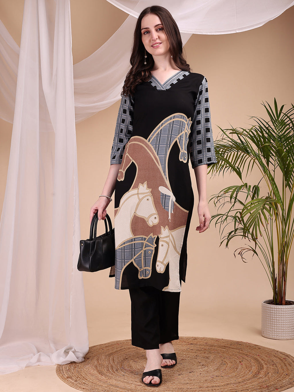 Printed Kurta With Pant, Black - Hiral Fashion - Distacart