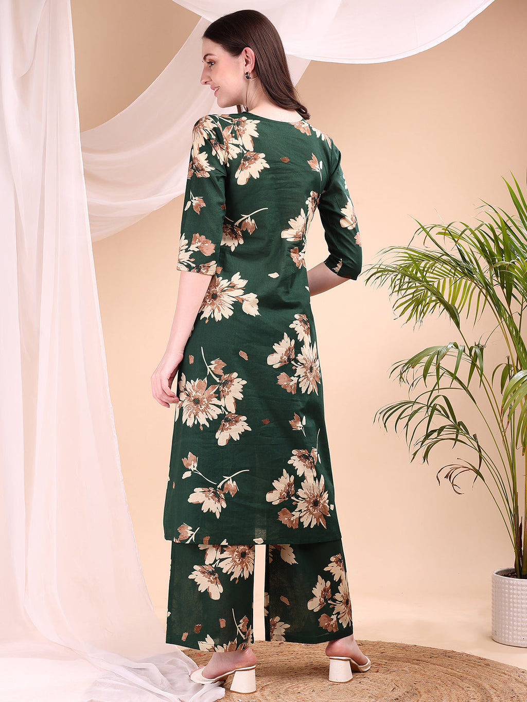 Embroidered & Printed Kurta With Palazzo, Green - Hiral Fashion - Distacart