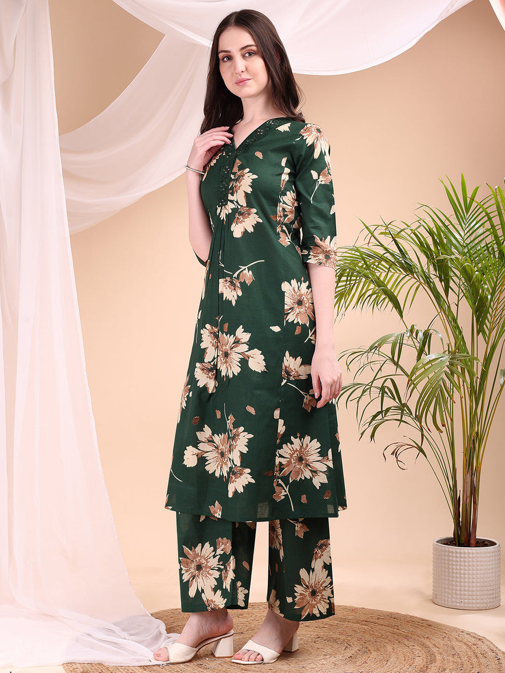 Embroidered & Printed Kurta With Palazzo, Green - Hiral Fashion - Distacart