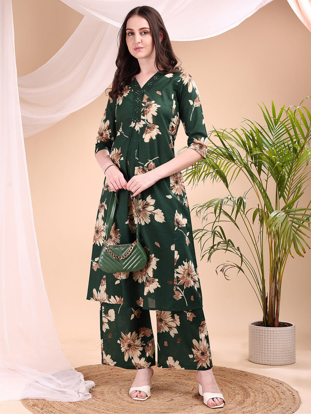 Embroidered & Printed Kurta With Palazzo, Green - Hiral Fashion - Distacart
