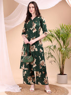Embroidered & Printed Kurta With Palazzo, Green - Hiral Fashion - Distacart