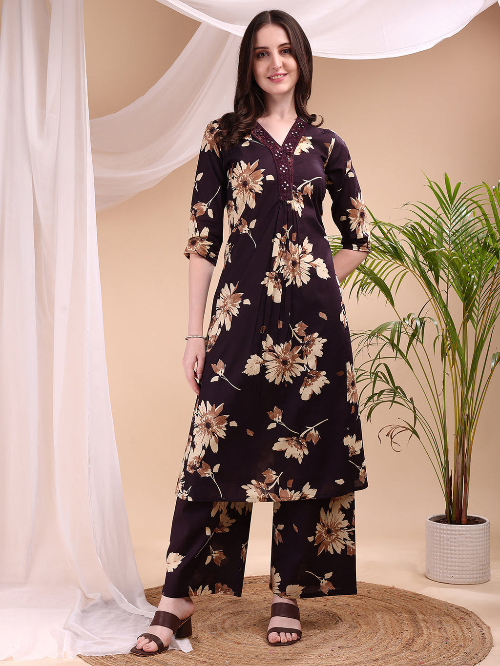Embroidered & Printed Kurta With Palazzo, Wine - Hiral Fashion - Distacart
