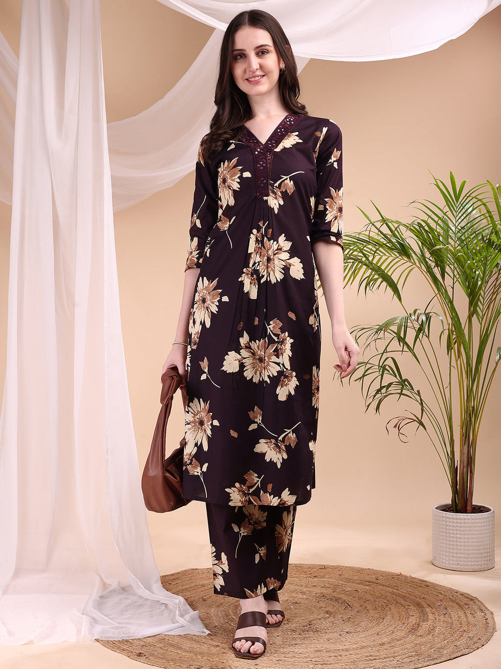 Embroidered & Printed Kurta With Palazzo, Wine - Hiral Fashion - Distacart