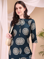 Two-Piece Ethnic Motifs Printed Kurta With Palazzo, Teal - Hiral Fashion - Distacart