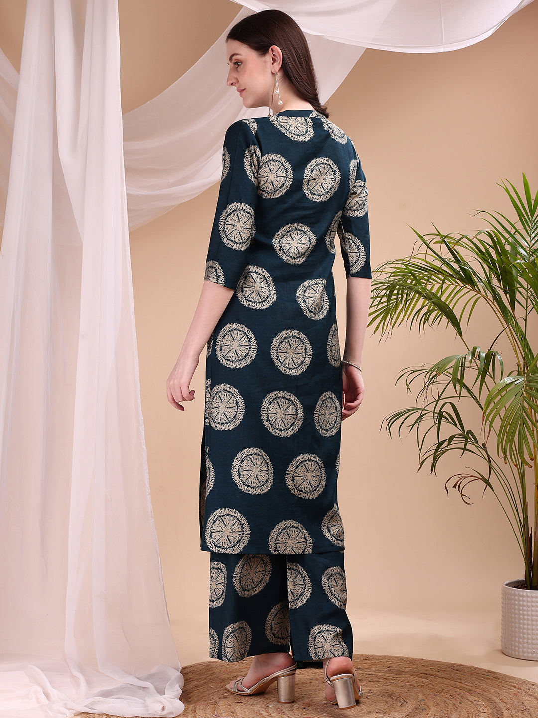 Two-Piece Ethnic Motifs Printed Kurta With Palazzo, Teal - Hiral Fashion - Distacart