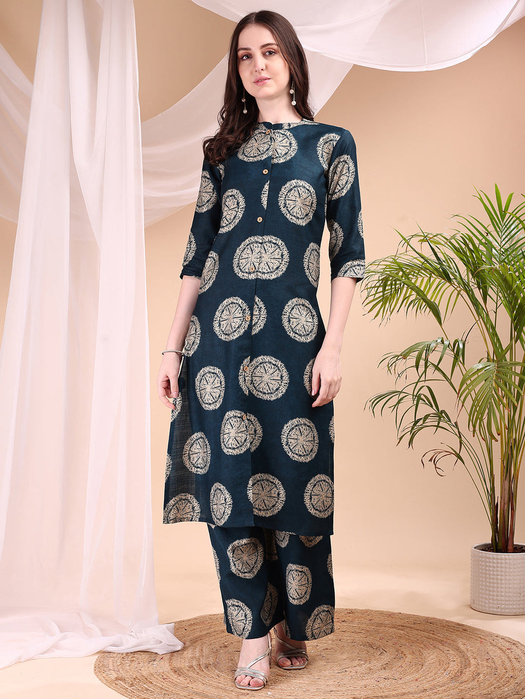 Two-Piece Ethnic Motifs Printed Kurta With Palazzo, Teal - Hiral Fashion - Distacart