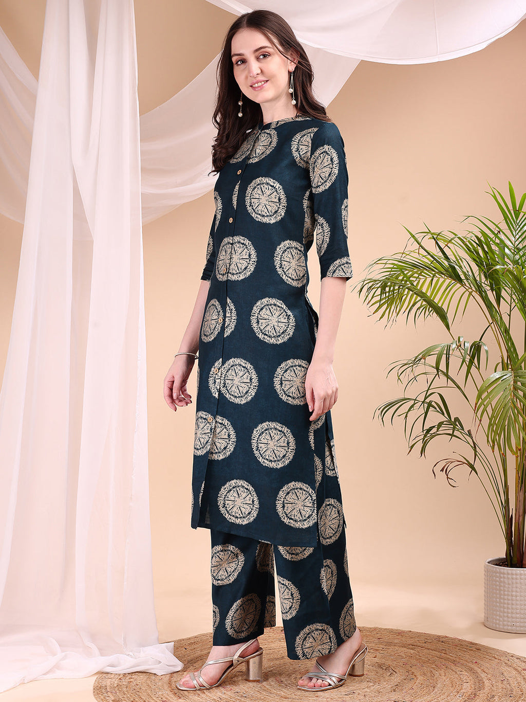 Two-Piece Ethnic Motifs Printed Kurta With Palazzo, Teal - Hiral Fashion - Distacart