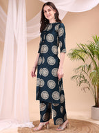 Two-Piece Ethnic Motifs Printed Kurta With Palazzo, Teal - Hiral Fashion - Distacart