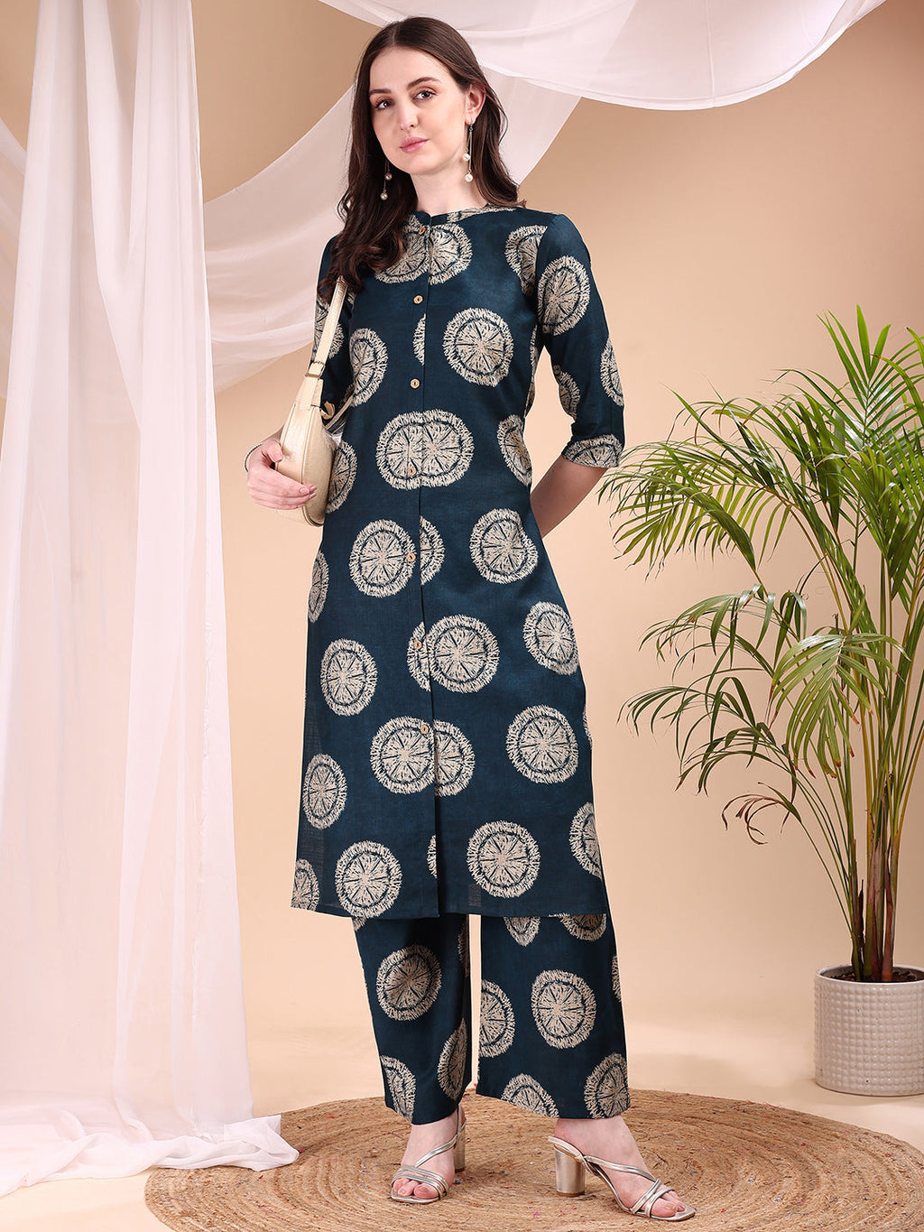 Two-Piece Ethnic Motifs Printed Kurta With Palazzo, Teal - Hiral Fashion - Distacart