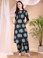 Two-Piece Ethnic Motifs Printed Kurta With Palazzo, Teal - Hiral Fashion - Distacart