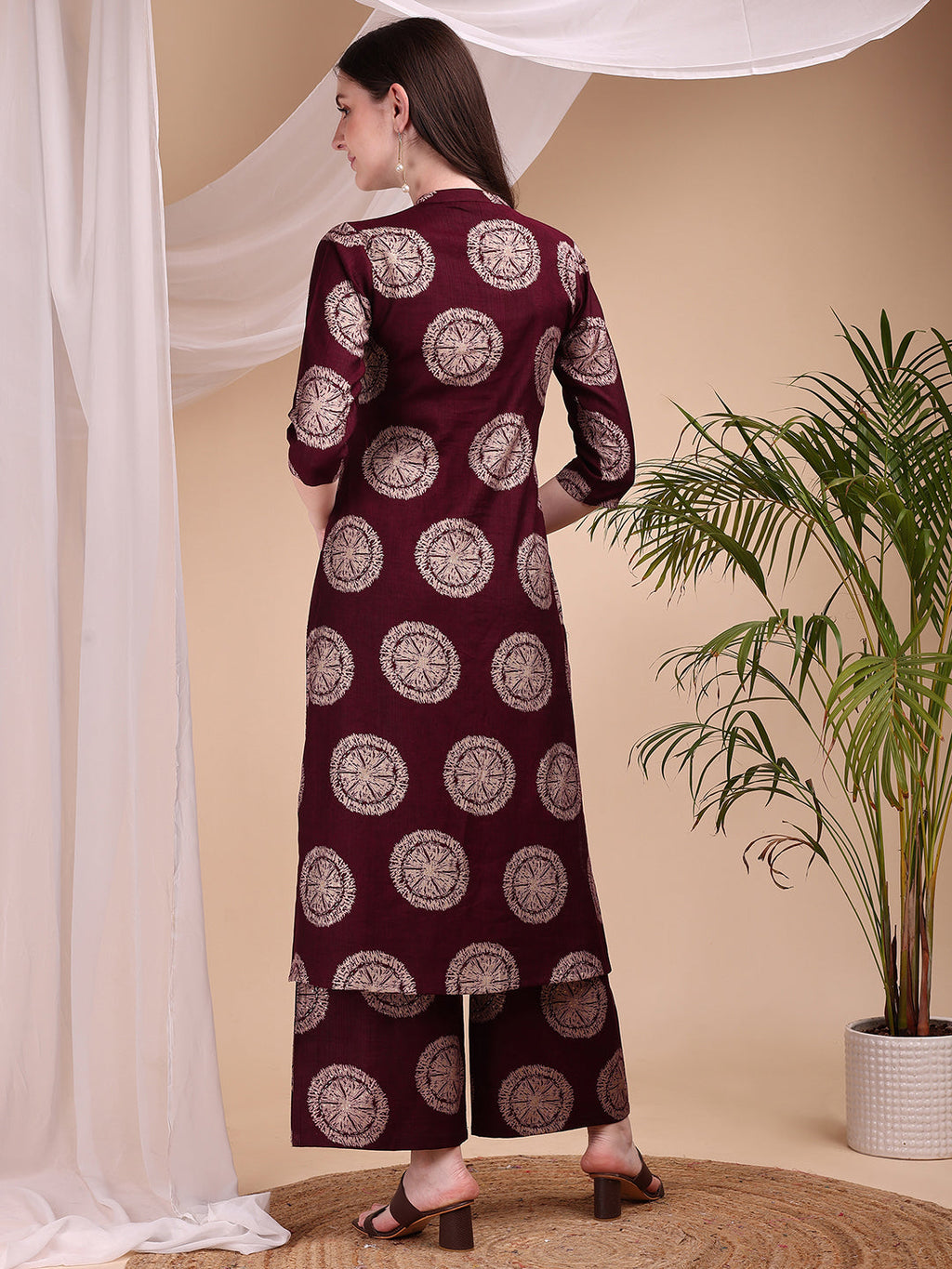 Two-Piece Ethnic Motifs Printed Kurta With Palazzo, Wine - Hiral Fashion - Distacart
