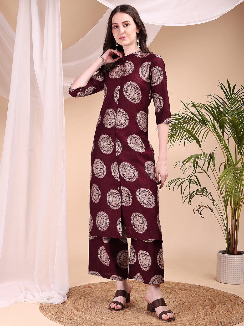 Two-Piece Ethnic Motifs Printed Kurta With Palazzo, Wine - Hiral Fashion - Distacart