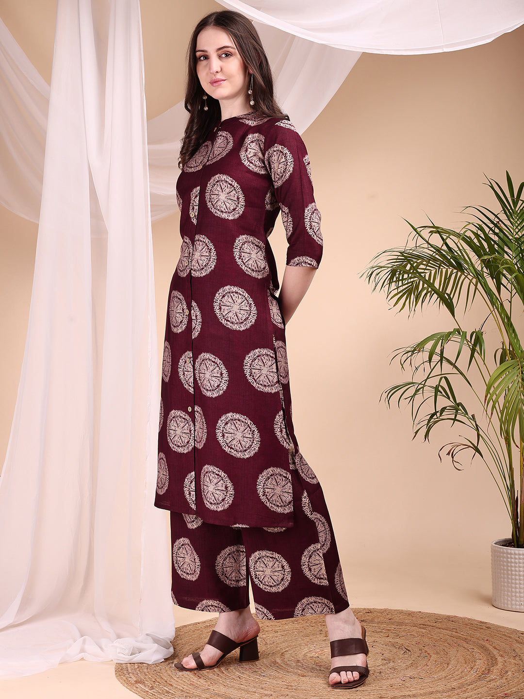 Two-Piece Ethnic Motifs Printed Kurta With Palazzo, Wine - Hiral Fashion - Distacart