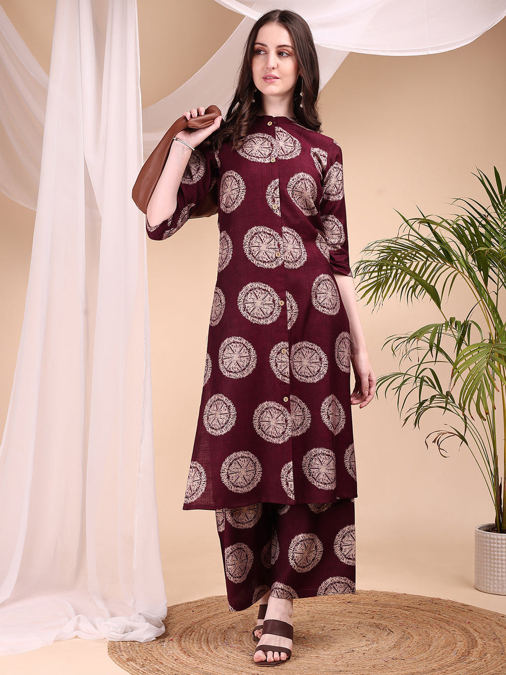 Two-Piece Ethnic Motifs Printed Kurta With Palazzo, Wine - Hiral Fashion - Distacart