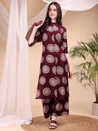 Two-Piece Ethnic Motifs Printed Kurta With Palazzo, Wine - Hiral Fashion - Distacart