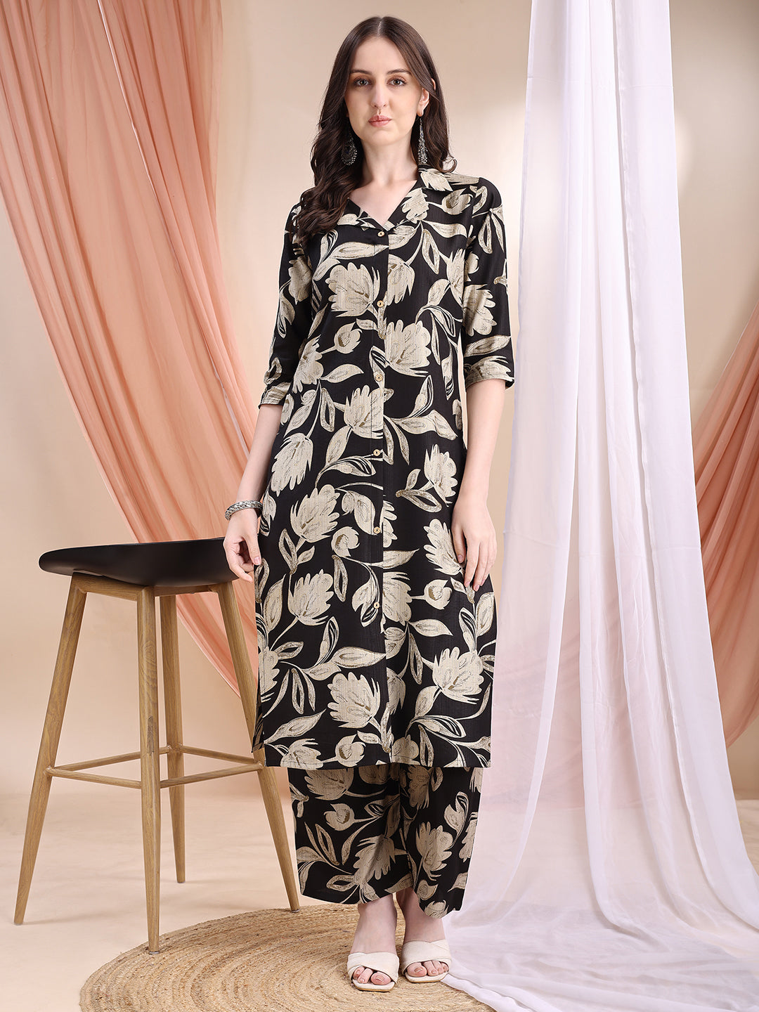 Printed Coordinated Kurta And Palazzo Set, Black - Hiral Fashion - Distacart