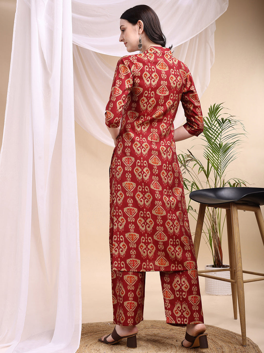 Ikat Printed Kurta With Palazzo Set, Maroon - Hiral Fashion - Distacart