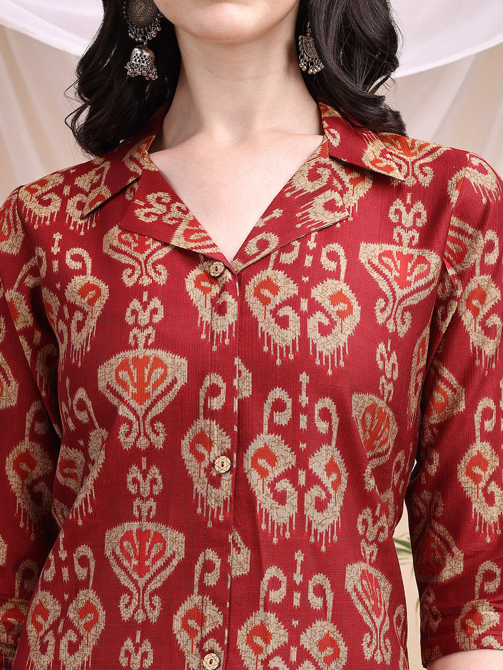 Ikat Printed Kurta With Palazzo Set, Maroon - Hiral Fashion - Distacart