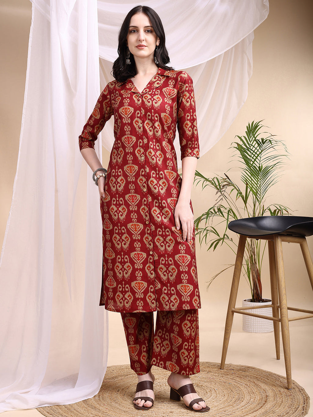 Ikat Printed Kurta With Palazzo Set, Maroon - Hiral Fashion - Distacart