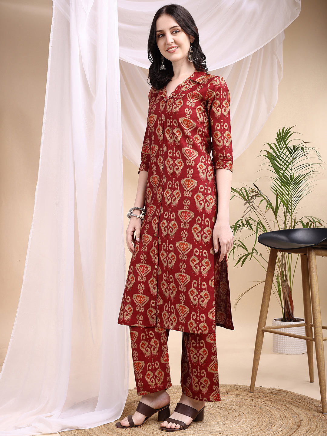 Ikat Printed Kurta With Palazzo Set, Maroon - Hiral Fashion - Distacart