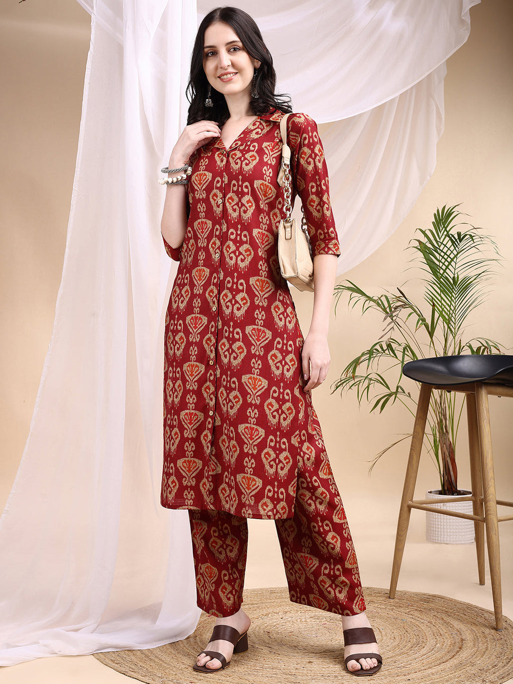 Ikat Printed Kurta With Palazzo Set, Maroon - Hiral Fashion - Distacart
