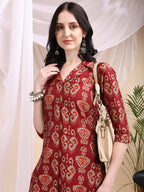 Ikat Printed Kurta With Palazzo Set, Maroon - Hiral Fashion - Distacart