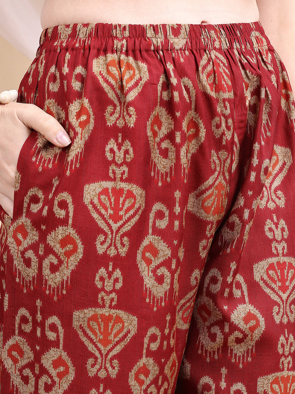 Ikat Printed Kurta With Palazzo Set, Maroon - Hiral Fashion - Distacart