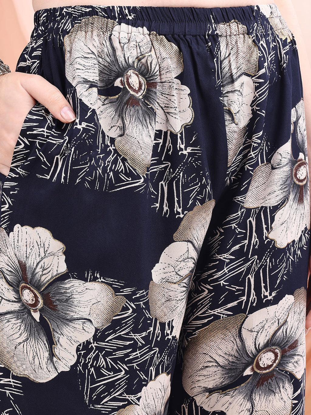 Floral Printed Kurta With Palazzo, Navy Blue - Hiral Fashion - Distacart