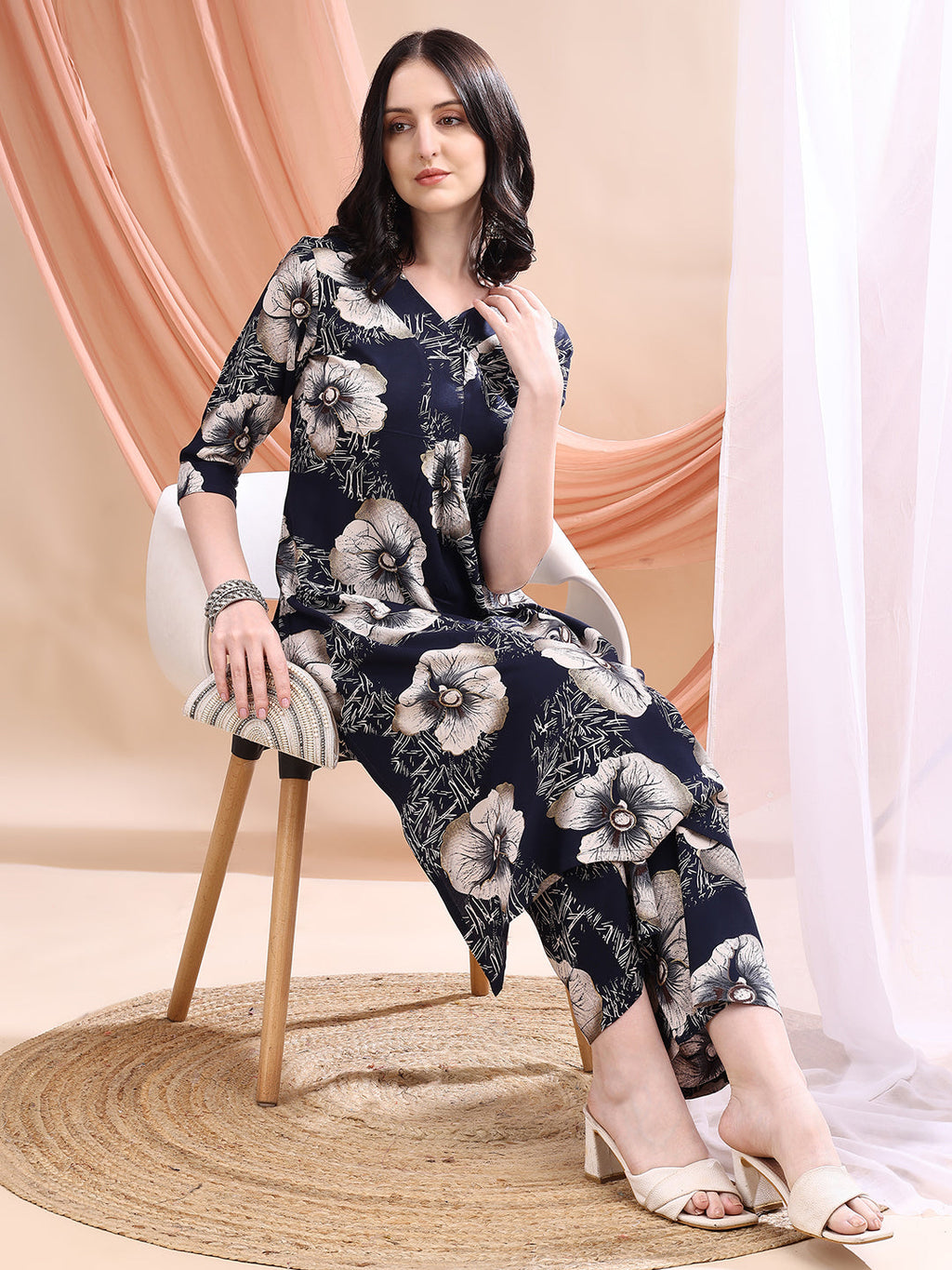 Floral Printed Kurta With Palazzo, Navy Blue - Hiral Fashion - Distacart