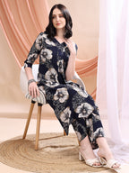 Floral Printed Kurta With Palazzo, Navy Blue - Hiral Fashion - Distacart