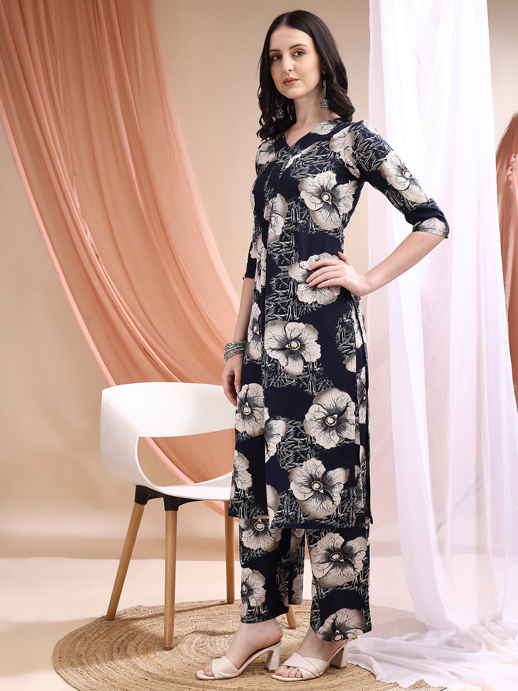 Floral Printed Kurta With Palazzo, Navy Blue - Hiral Fashion - Distacart