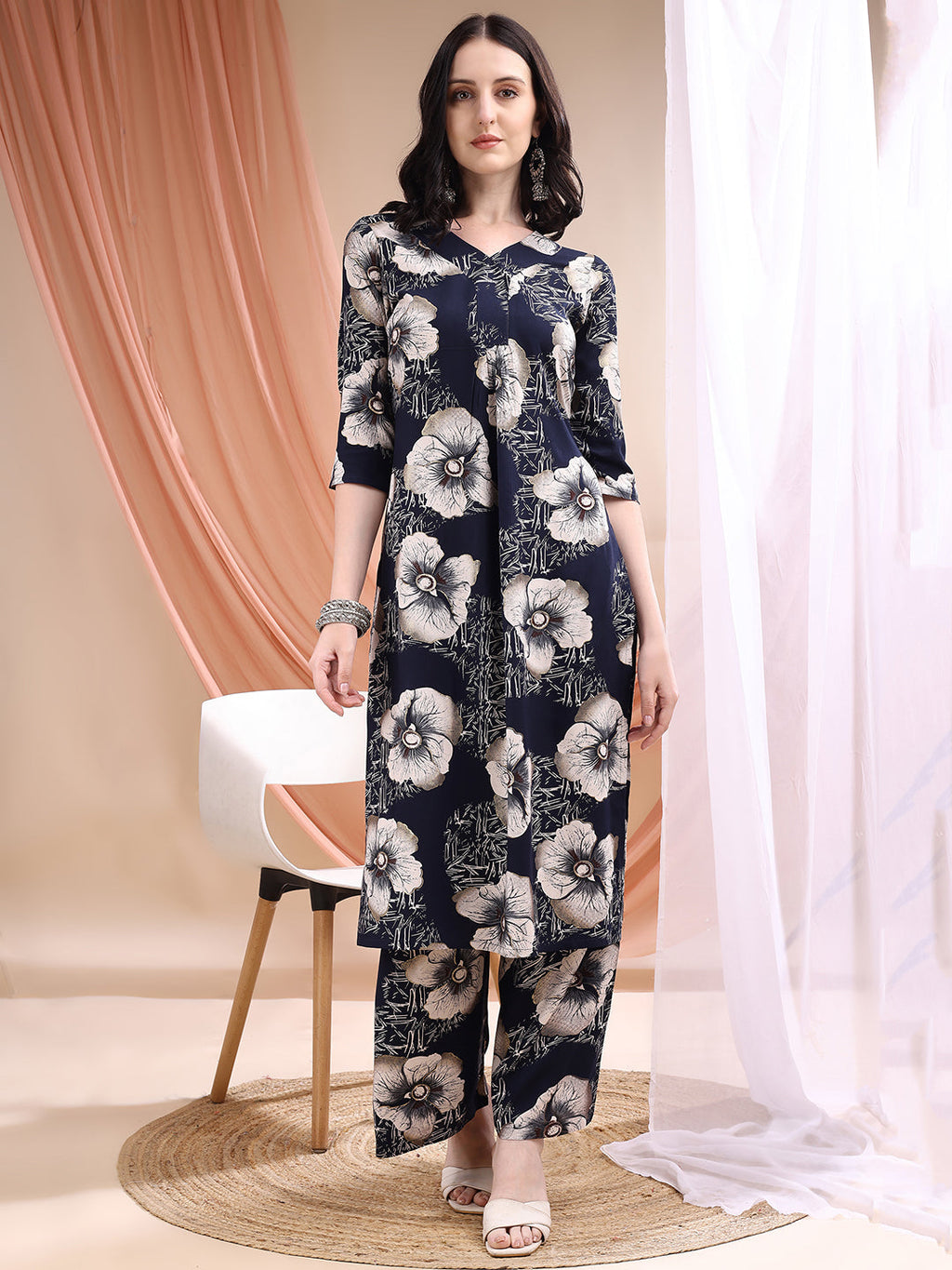 Floral Printed Kurta With Palazzo, Navy Blue - Hiral Fashion - Distacart