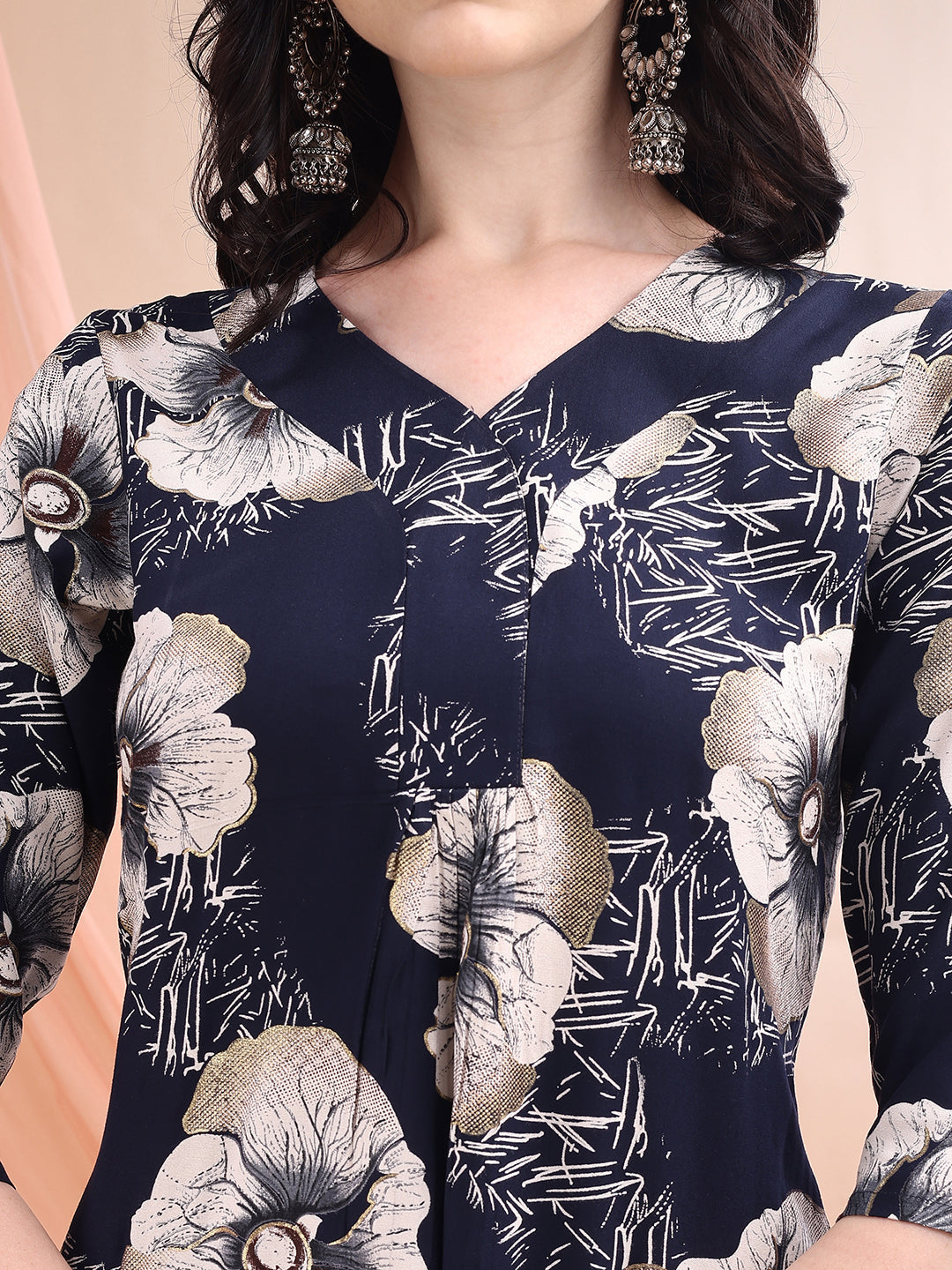 Floral Printed Kurta With Palazzo, Navy Blue - Hiral Fashion - Distacart